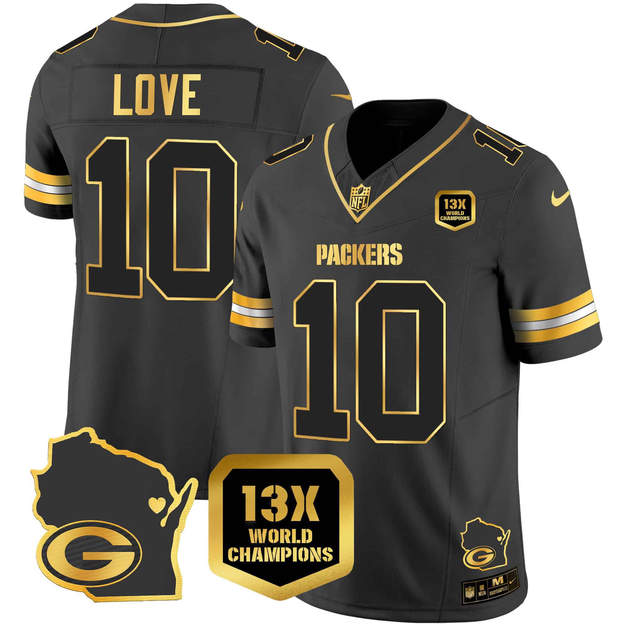 Men Green Bay Packers #10 Love Black Gold 2024 Nike World Champions Home Patch Vapor NFL Jersey style 2